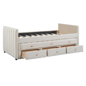 HomeRoots Beige Tufted Velvet Twin Day Bed with Trundle & Storage Drawers – Stylish Multi-Purpose Design! 590335