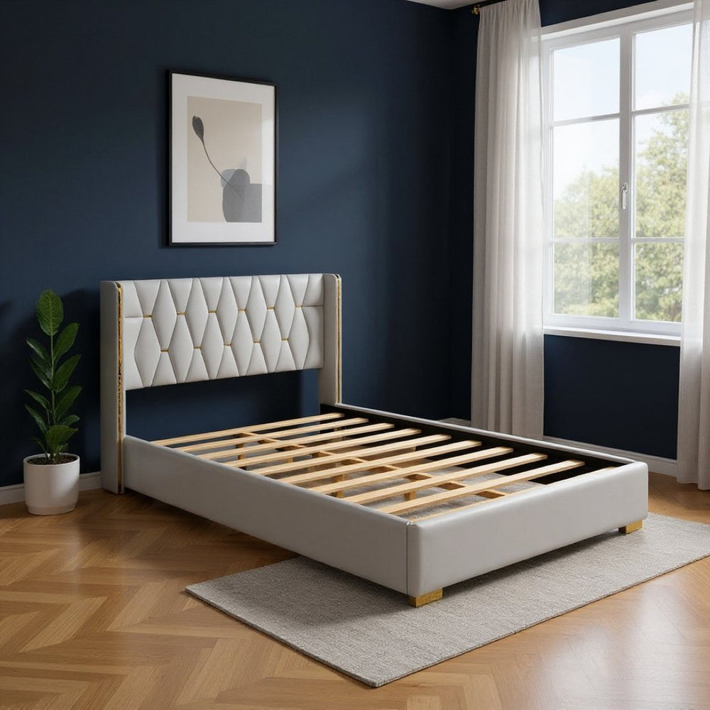 HomeRoots White Tufted Upholstered Queen Bed Frame – Stylish Comfort with Classic Button Detailing & Supportive Design 590338
