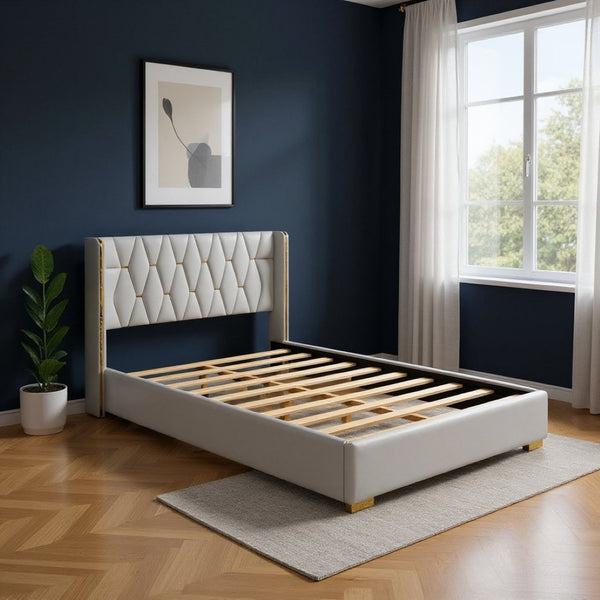 HomeRoots White Tufted Upholstered Queen Bed Frame – Stylish Comfort with Classic Button Detailing & Supportive Design 590338