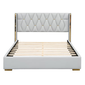 HomeRoots White Tufted Upholstered Queen Bed Frame – Stylish Comfort with Classic Button Detailing & Supportive Design 590338
