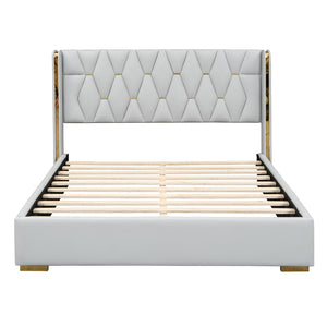 HomeRoots White Tufted Upholstered Queen Bed Frame – Stylish Comfort with Classic Button Detailing & Supportive Design 590338