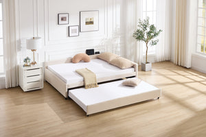 English Elm Upholstered Velvet Daybed with Pull Out Trundle Diamond Tufted Guest Bedroom Sofa Beige W1361S00069