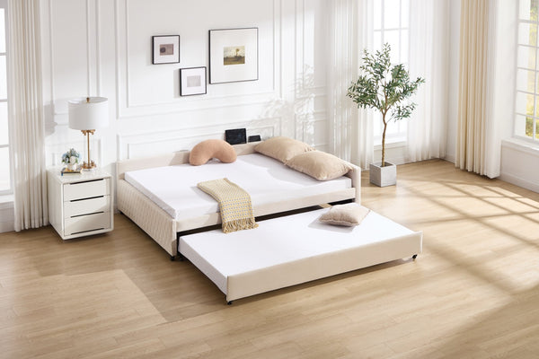 English Elm Upholstered Velvet Daybed with Pull Out Trundle Diamond Tufted Guest Bedroom Sofa Beige W1361S00069