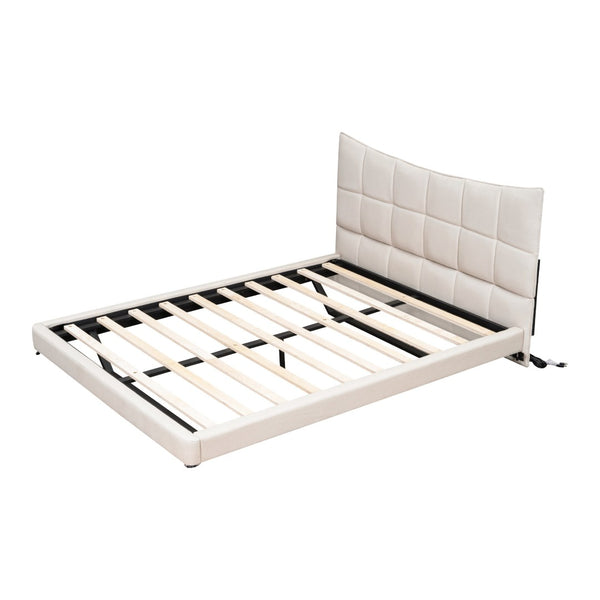 HomeRoots Beige Tufted Upholstered Full Bed Frame with LED Lights, USB Port, and Stylish Design for Modern Sleepers 590341