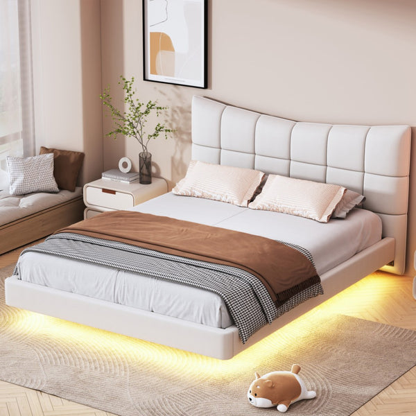 HomeRoots Beige Tufted Upholstered Full Bed Frame with LED Lights, USB Port, and Stylish Design for Modern Sleepers 590341