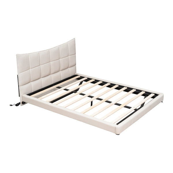 HomeRoots Beige Tufted Upholstered Full Bed Frame with LED Lights, USB Port, and Stylish Design for Modern Sleepers 590341