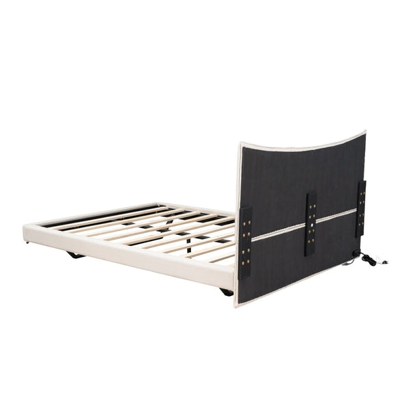 HomeRoots Beige Tufted Upholstered Full Bed Frame with LED Lights, USB Port, and Stylish Design for Modern Sleepers 590341