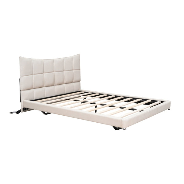 HomeRoots Beige Tufted Upholstered Full Bed Frame with LED Lights, USB Port, and Stylish Design for Modern Sleepers 590341