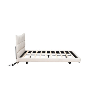 HomeRoots Beige Tufted Upholstered Full Bed Frame with LED Lights, USB Port, and Stylish Design for Modern Sleepers 590341
