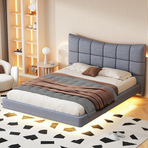 HomeRoots Gray Tufted Upholstered Full Bed Frame with LED Lights, USB Port & Cozy Modern Design Features 590342