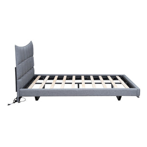 HomeRoots Gray Tufted Upholstered Full Bed Frame with LED Lights, USB Port & Cozy Modern Design Features 590342
