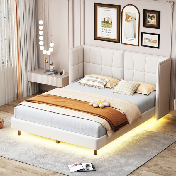 HomeRoots Beige Tufted Upholstered Queen Bed Frame with LED Lighting, USB Port & Stylish Comfort for Your Bedroom 590343