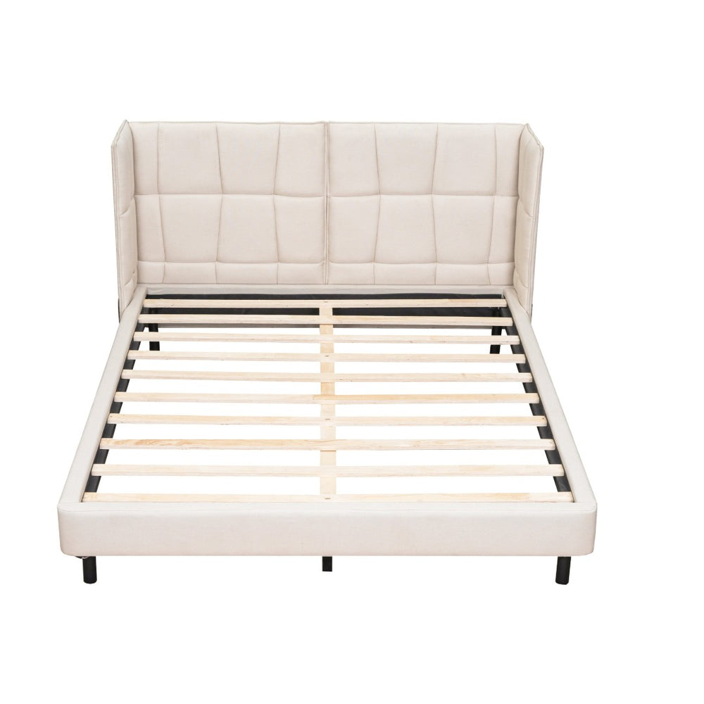 HomeRoots Beige Tufted Upholstered Queen Bed Frame with LED Lighting, USB Port & Stylish Comfort for Your Bedroom 590343