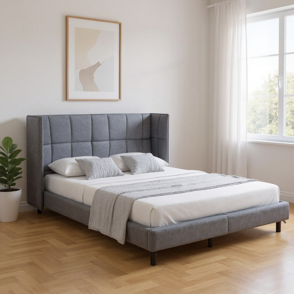 HomeRoots Gray Tufted Upholstered Queen Bed Frame with LED Lights, USB Charging, and Stylish Comfort Features 590344