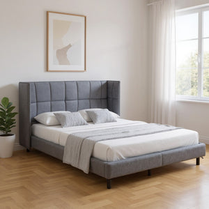 HomeRoots Gray Tufted Upholstered Queen Bed Frame with LED Lights, USB Charging, and Stylish Comfort Features 590344