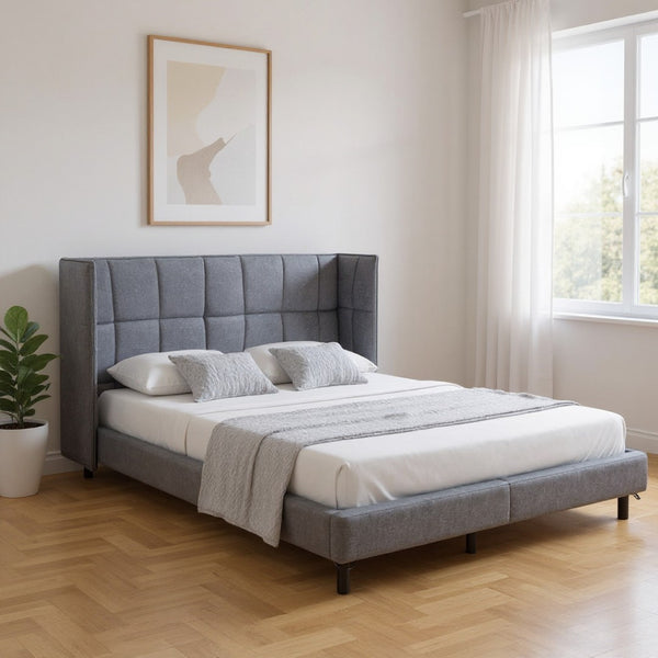 HomeRoots Gray Tufted Upholstered Queen Bed Frame with LED Lights, USB Charging, and Stylish Comfort Features 590344
