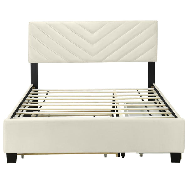 HomeRoots Beige Tufted Upholstered Queen Bed Frame with Trundle & Storage Drawers for Space-Saving Elegance 590345
