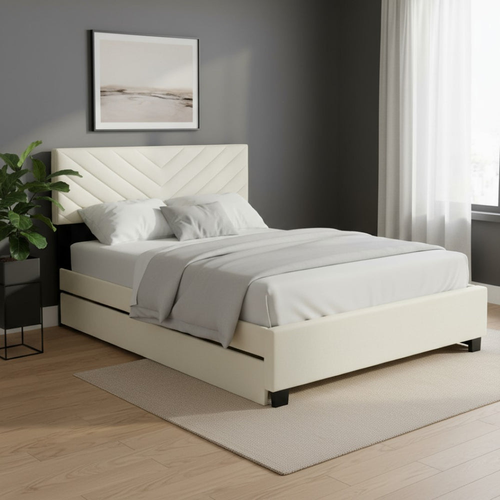 HomeRoots Beige Tufted Upholstered Queen Bed Frame with Trundle & Storage Drawers for Space-Saving Elegance 590345