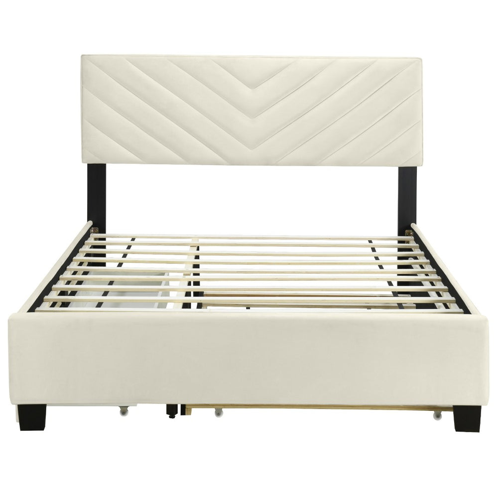 HomeRoots Beige Tufted Upholstered Queen Bed Frame with Trundle & Storage Drawers for Space-Saving Elegance 590345