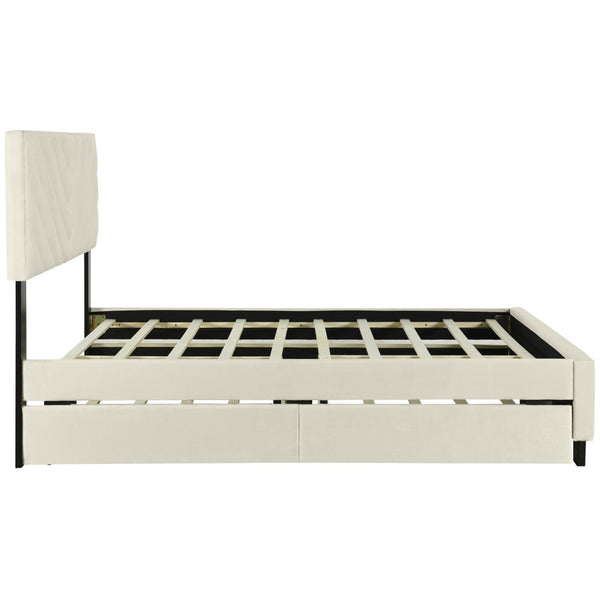 HomeRoots Beige Tufted Upholstered Queen Bed Frame with Trundle & Storage Drawers for Space-Saving Elegance 590345