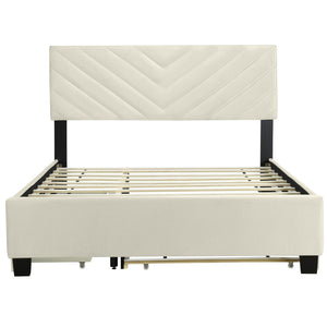 HomeRoots Beige Tufted Upholstered Queen Bed Frame with Trundle & Storage Drawers for Space-Saving Elegance 590345