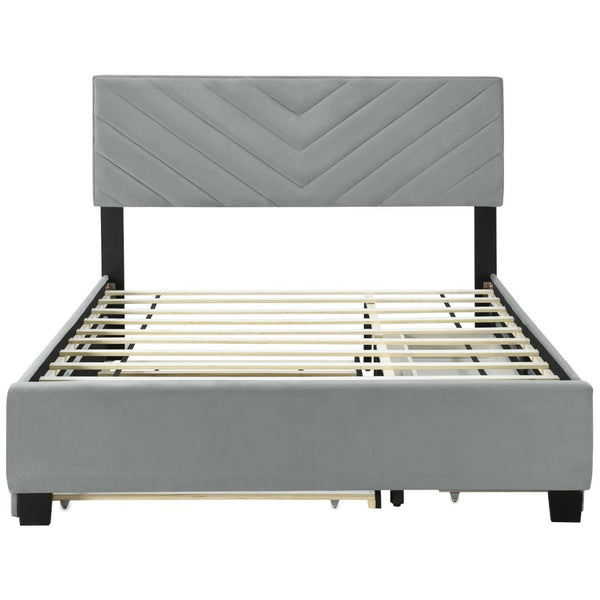 HomeRoots Gray Tufted Upholstered Queen Bed Frame with Hidden Trundle, Storage Drawers, and Stylish Design 590346