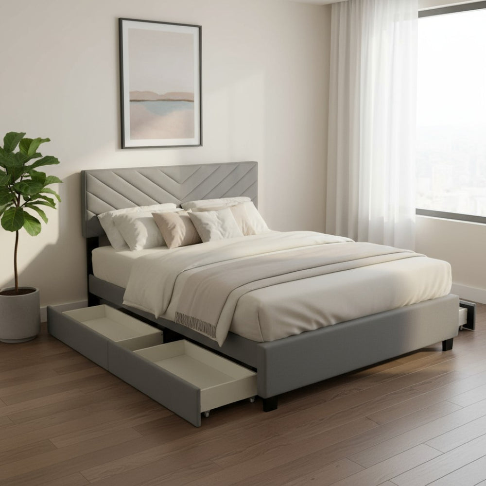 HomeRoots Gray Tufted Upholstered Queen Bed Frame with Hidden Trundle, Storage Drawers, and Stylish Design 590346