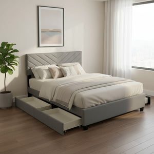 HomeRoots Gray Tufted Upholstered Queen Bed Frame with Hidden Trundle, Storage Drawers, and Stylish Design 590346