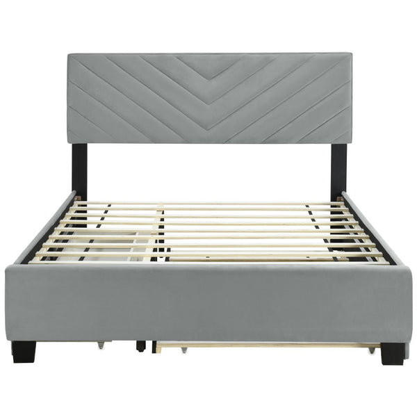 HomeRoots Gray Tufted Upholstered Queen Bed Frame with Hidden Trundle, Storage Drawers, and Stylish Design 590346