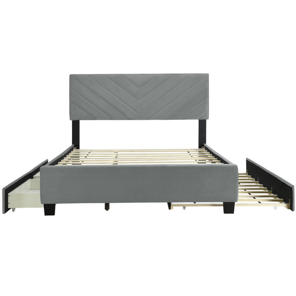 HomeRoots Gray Tufted Upholstered Queen Bed Frame with Hidden Trundle, Storage Drawers, and Stylish Design 590346