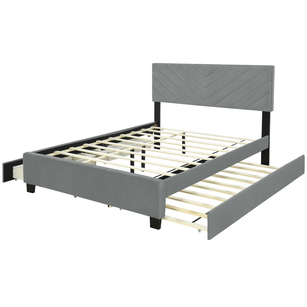 HomeRoots Gray Tufted Upholstered Queen Bed Frame with Hidden Trundle, Storage Drawers, and Stylish Design 590346