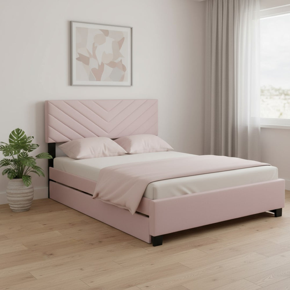 HomeRoots Pink Tufted Upholstered Twin Bed Frame with Trundle, Storage Drawers & Stylish Platform Design 590347