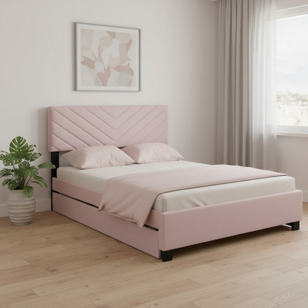 HomeRoots Pink Tufted Upholstered Twin Bed Frame with Trundle, Storage Drawers & Stylish Platform Design 590347