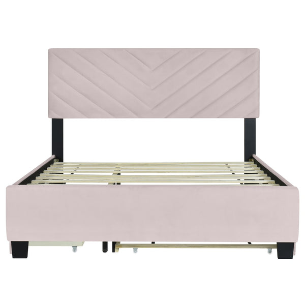 HomeRoots Pink Tufted Upholstered Twin Bed Frame with Trundle, Storage Drawers & Stylish Platform Design 590347