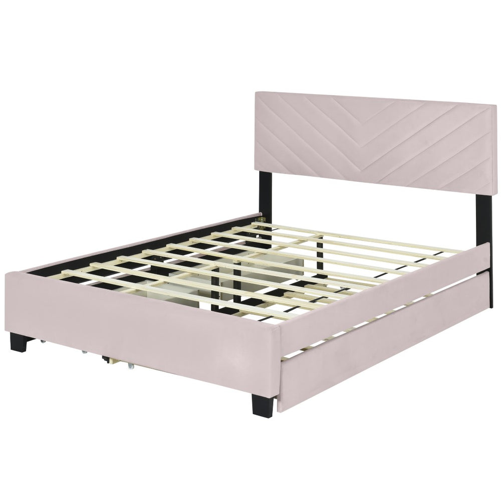 HomeRoots Pink Tufted Upholstered Twin Bed Frame with Trundle, Storage Drawers & Stylish Platform Design 590347