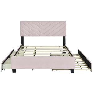 HomeRoots Pink Tufted Upholstered Twin Bed Frame with Trundle, Storage Drawers & Stylish Platform Design 590347
