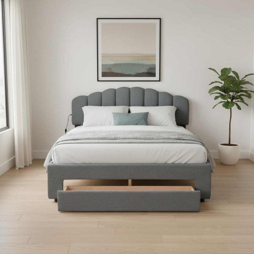 HomeRoots Gray Tufted Upholstered Full Bed Frame with LED Lights, USB Port & Modern Luxury Comfort 590352