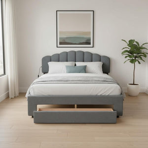 HomeRoots Gray Tufted Upholstered Full Bed Frame with LED Lights, USB Port & Modern Luxury Comfort 590352
