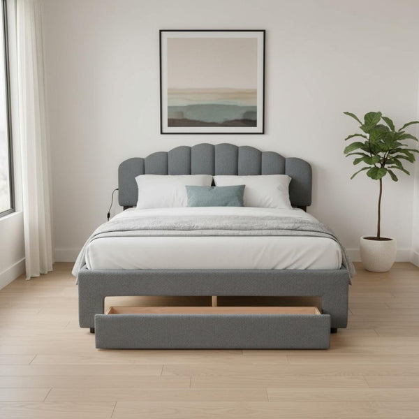 HomeRoots Gray Tufted Upholstered Full Bed Frame with LED Lights, USB Port & Modern Luxury Comfort 590352