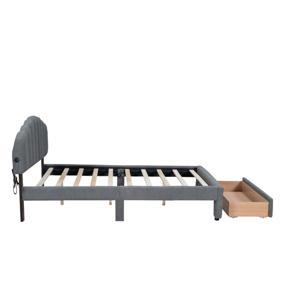 HomeRoots Gray Tufted Upholstered Full Bed Frame with LED Lights, USB Port & Modern Luxury Comfort 590352