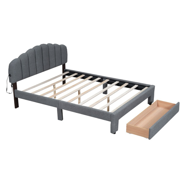 HomeRoots Gray Tufted Upholstered Full Bed Frame with LED Lights, USB Port & Modern Luxury Comfort 590352