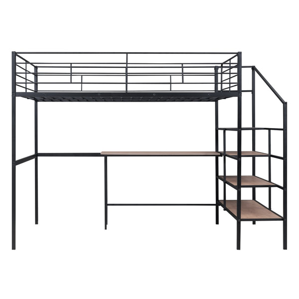 HomeRoots Black Loft Bed with Desk and Shelves – Stylish, Sturdy Metal Frame for Space Optimization and Functionality 590357