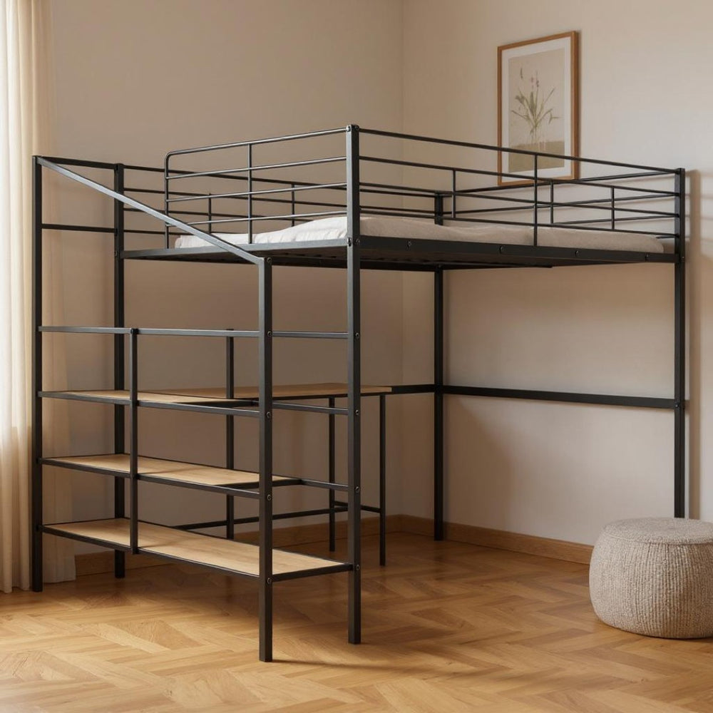 HomeRoots Black Loft Bed with Desk and Shelves – Stylish, Sturdy Metal Frame for Space Optimization and Functionality 590357
