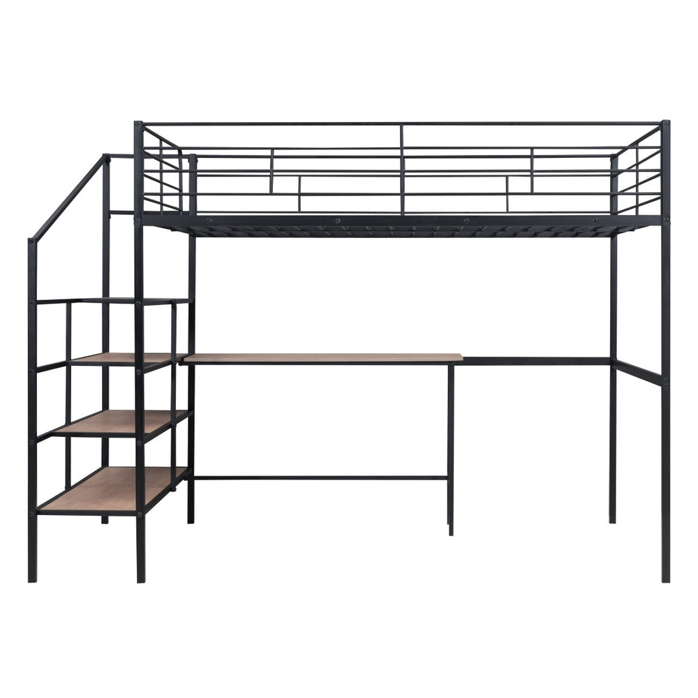 HomeRoots Black Loft Bed with Desk and Shelves – Stylish, Sturdy Metal Frame for Space Optimization and Functionality 590357