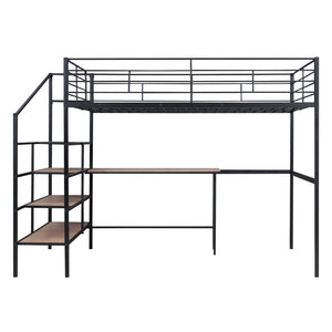 HomeRoots Black Loft Bed with Desk and Shelves – Stylish, Sturdy Metal Frame for Space Optimization and Functionality 590357