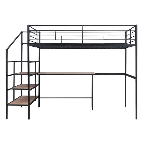 HomeRoots Black Loft Bed with Desk and Shelves – Stylish, Sturdy Metal Frame for Space Optimization and Functionality 590357