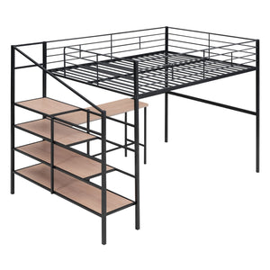 HomeRoots Black Loft Bed with Desk and Shelves – Stylish, Sturdy Metal Frame for Space Optimization and Functionality 590357