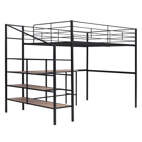 HomeRoots Black Loft Bed with Desk and Shelves – Stylish, Sturdy Metal Frame for Space Optimization and Functionality 590357