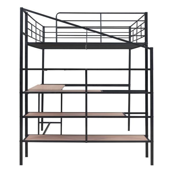 HomeRoots Black Loft Bed with Desk and Shelves – Stylish, Sturdy Metal Frame for Space Optimization and Functionality 590357