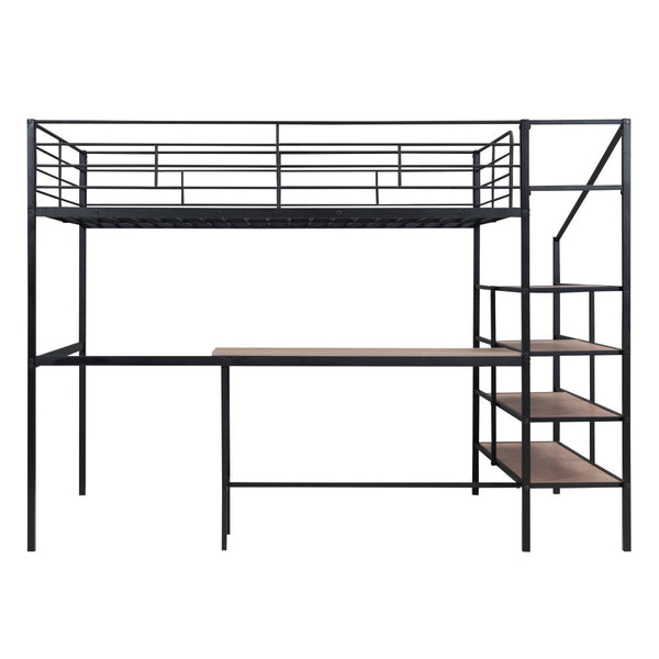 HomeRoots Black Loft Bed with Desk and Shelves – Stylish, Sturdy Metal Frame for Space Optimization and Functionality 590357